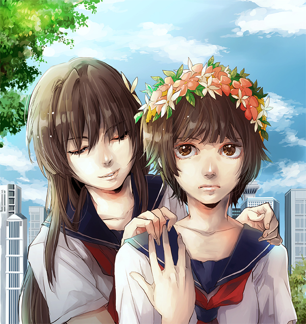 2girls, bettyannnewaters, brown_eyes, brown_hair, city, closed_eyes, flower, hands_on_another's_shoulders