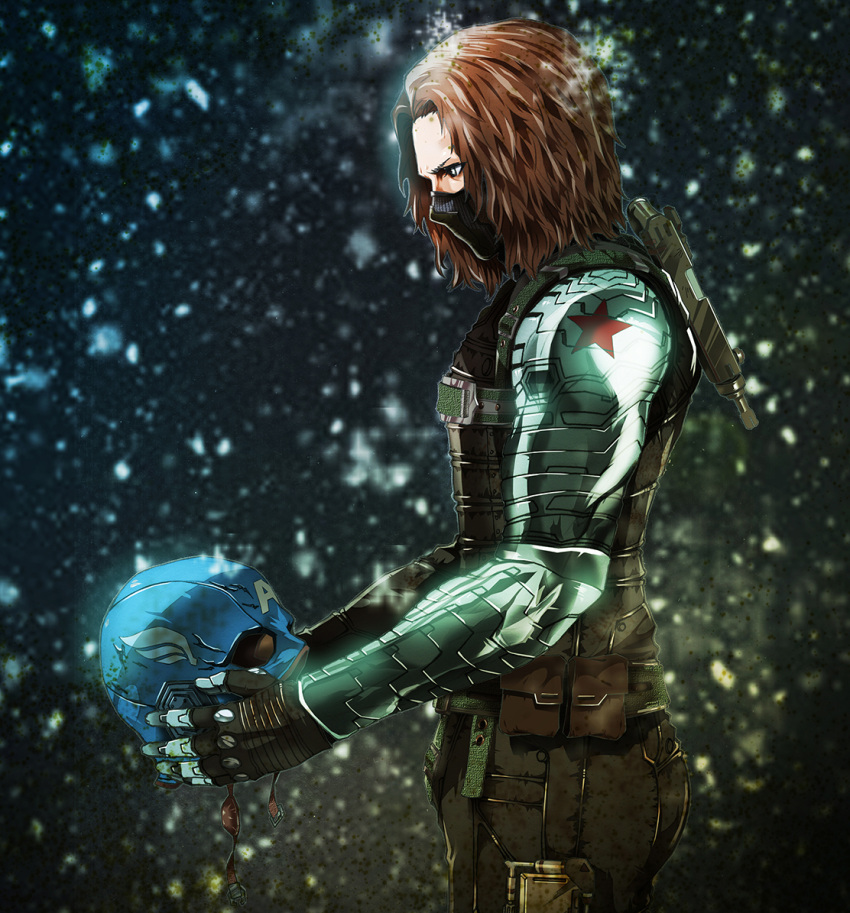 1boy, brown_hair, captain_america_the_winter_soldier, cyborg, face_mask, helmet, holding_helmet, james_buchanan_barnes