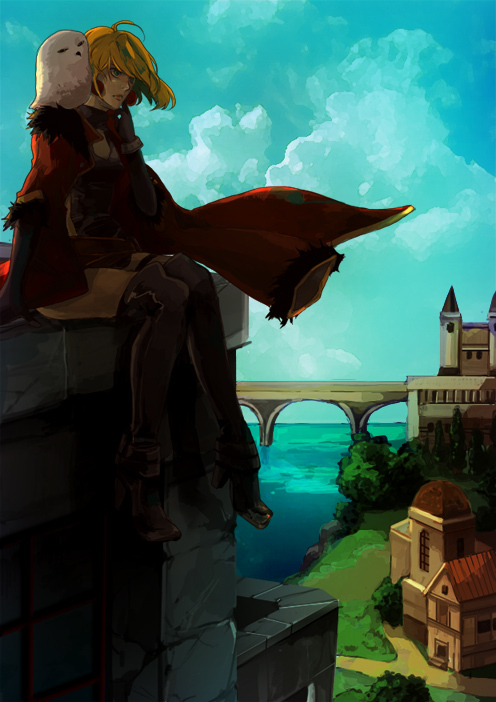 1girl, artemis_(junketsu_no_maria), bettyannnewaters, bird, blonde_hair, boots, building, cape