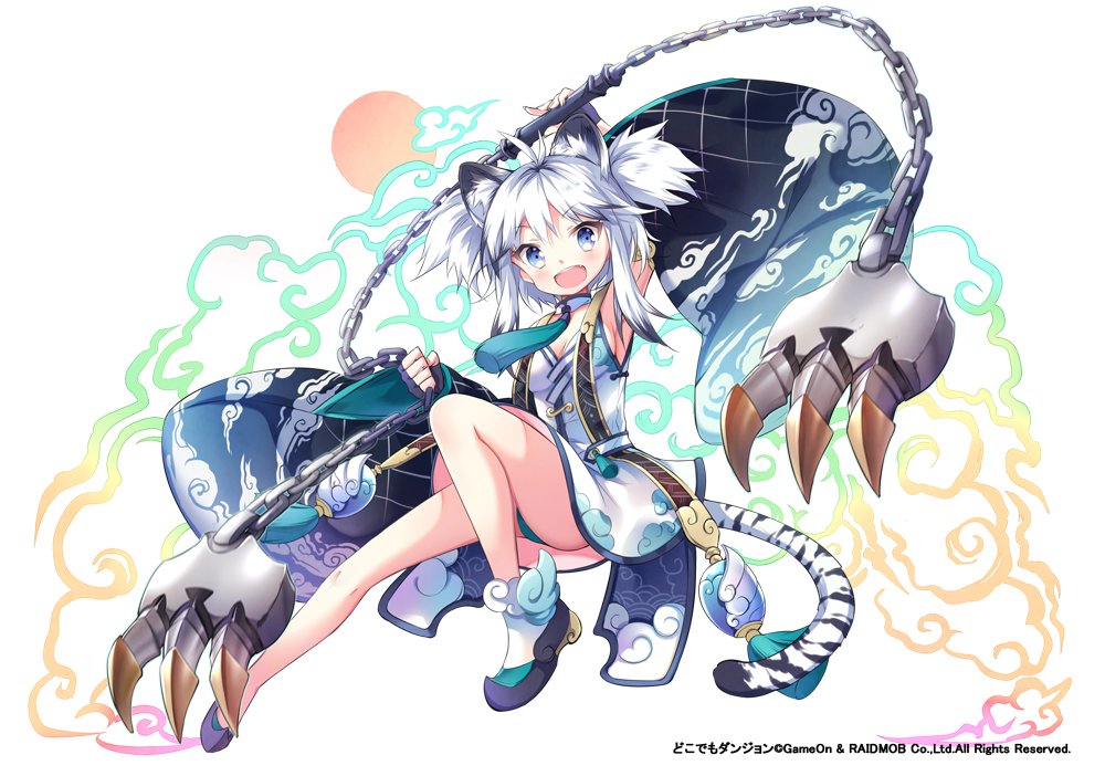 1girl, animal_ears, aqua_panties, armpits, chain, claw_(weapon), claws, detached_sleeves