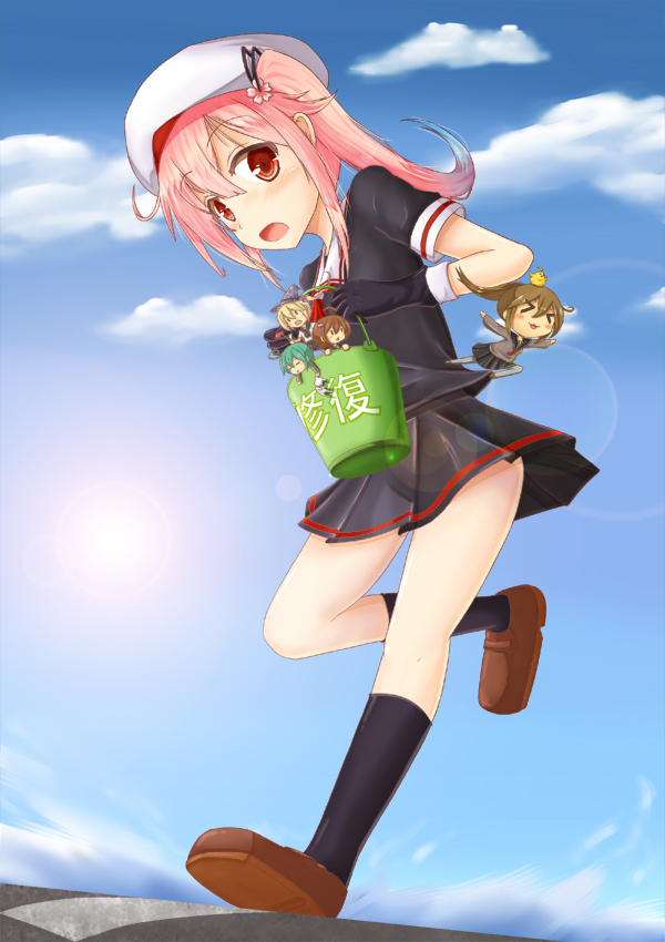 5girls, :o, ahoge, beret, bird, black_gloves, black_serafuku, black_skirt, blonde_hair, brown_hair, bucket, cat, cha_(kantai_collection), chick, clouds, cloudy_sky, gloves, gradient_hair, green_hair, harusame_(kantai_collection), hat, hiyoko_(kantai_collection), kantai_collection, kneehighs, long_hair, majokko_(kantai_collection), midori_(kantai_collection), multicolored_hair, multiple_girls, neckerchief, open_mouth, pleated_skirt, ponytail, rashinban_musume, red_eyes, school_uniform, serafuku, shoes, short_hair, side_ponytail, skirt, sky, splashing, tabiutaonpu, twintails, witch_hat