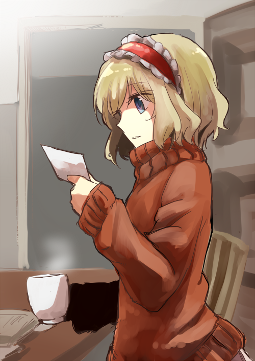 1girl, alice_margatroid, alternate_costume, blonde_hair, blue_eyes, casual, chair, cup