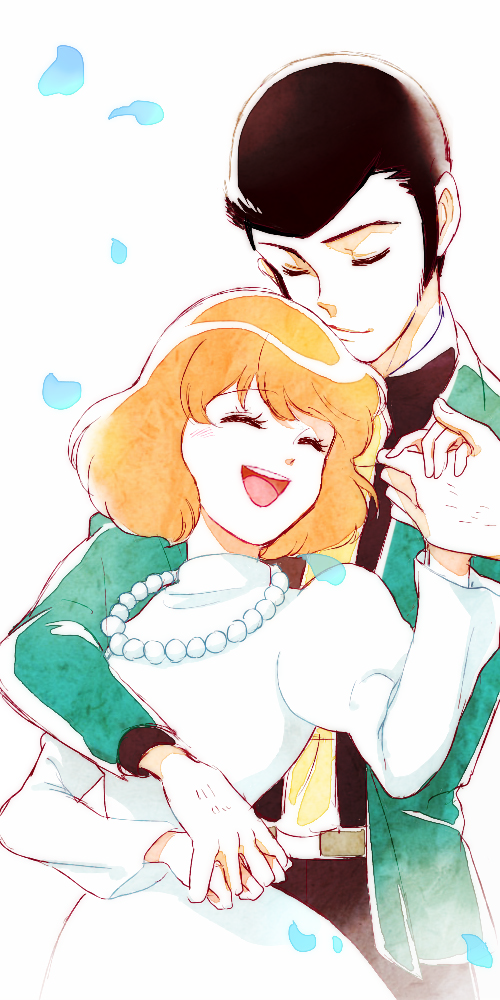 1boy, 1girl, arsene_lupin_iii, black_hair, brown_hair, castle_of_cagliostro, clarisse_de_cagliostro, closed_eyes, couple, hetero, jewelry, long_hair, lupin_iii, necklace, short_hair, sideburns, smile, tsuntsun_(tuuuuuuntun)