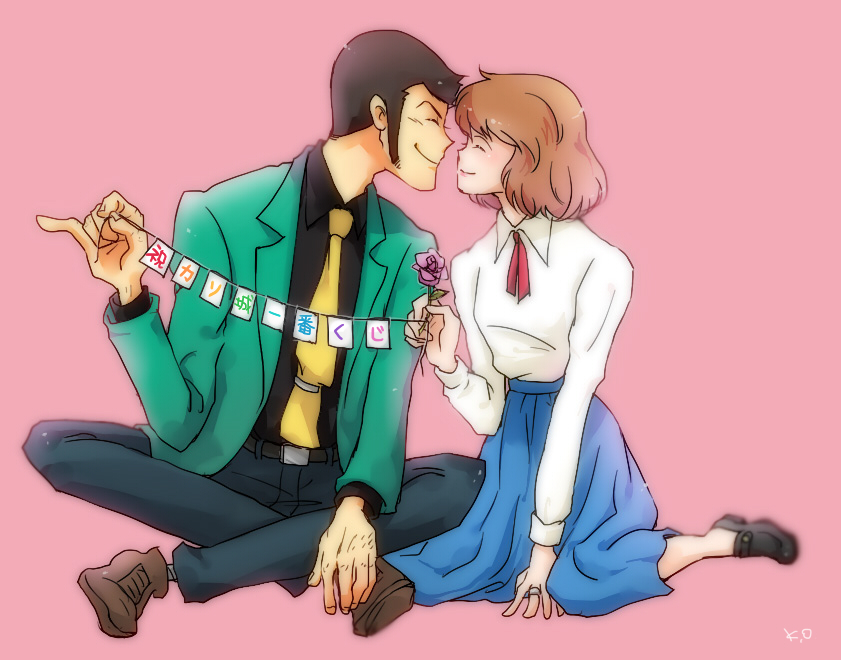 1boy, 1girl, arsene_lupin_iii, black_hair, brown_hair, castle_of_cagliostro, clarisse_de_cagliostro, closed_eyes