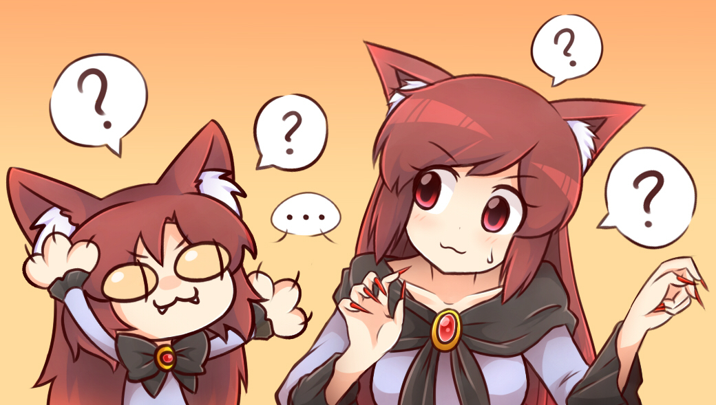 ..., 2girls, :3, ?, animal_ears, brooch, brown_hair, bust