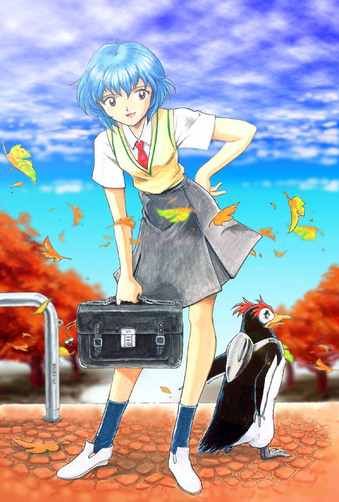 1girl, autumn, autumn_leaves, ayanami_rei, bag, blue_eyes, blue_sky, e-senmio, hand_on_hip, leaf, looking_at_viewer, nature, neon_genesis_evangelion, open_mouth, penpen, red_eyes, school_uniform, skirt, sky, sly, solo, tree, white_shoes
