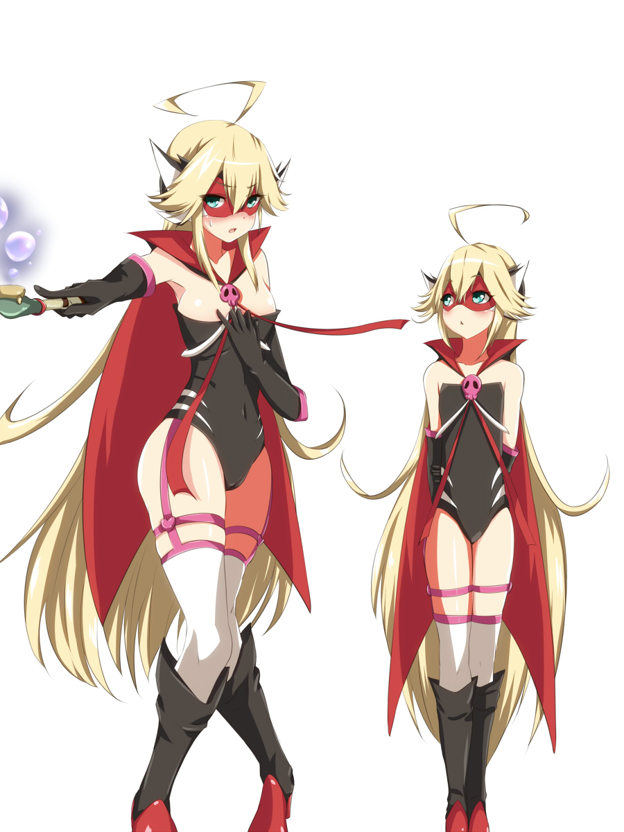 2girls, ahoge, arms_behind_back, bare_shoulders, black_gloves, blonde_hair, blue_eyes, breasts, cape, cleavage, doronjo, dual_persona, gloves, highres, leopard_(yatterman), long_hair, mask, mijinko_(rioriorio), multiple_girls, simple_background, thigh-highs, time_bokan_(series), very_long_hair, white_background, white_legwear, yatterman, yoru_no_yatterman