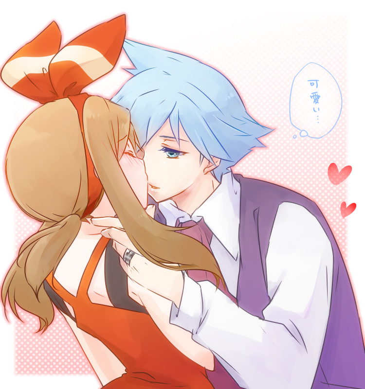 1boy, 1girl, blue_eyes, blush, brown_hair, closed_eyes, haruka_(pokemon)_(remake), incoming_kiss