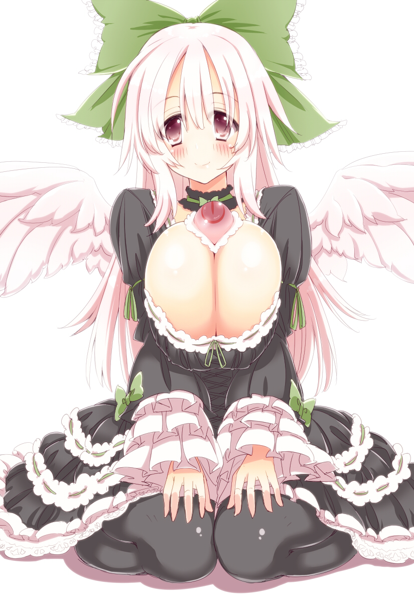 1girl, alternate_color, alternate_costume, angel_wings, black_dress, black_legwear, bow, breasts