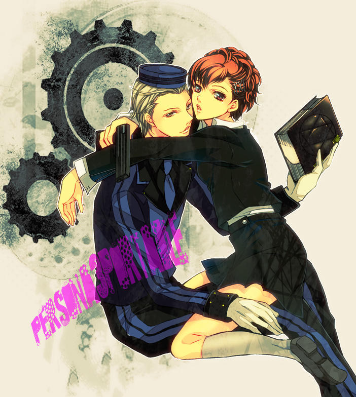 brown_eyes, brown_hair, female_protagonist_(persona_3), garrison_cap, gun, hair_ornament, hairclip, hat