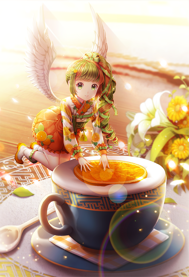 1girl, boots, cup, curly_hair, flower, food, food_themed_clothes, green_eyes