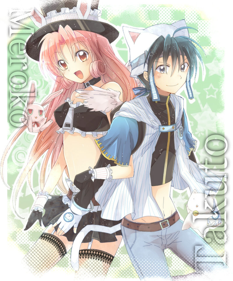 1boy, 1girl, :d, angel_wings, animal_ears, animal_hat, bare_shoulders, belt