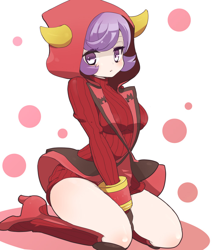 1girl, between_legs, boots, chorimokki, fake_horns, flipped_hair, gloves, hand_between_legs