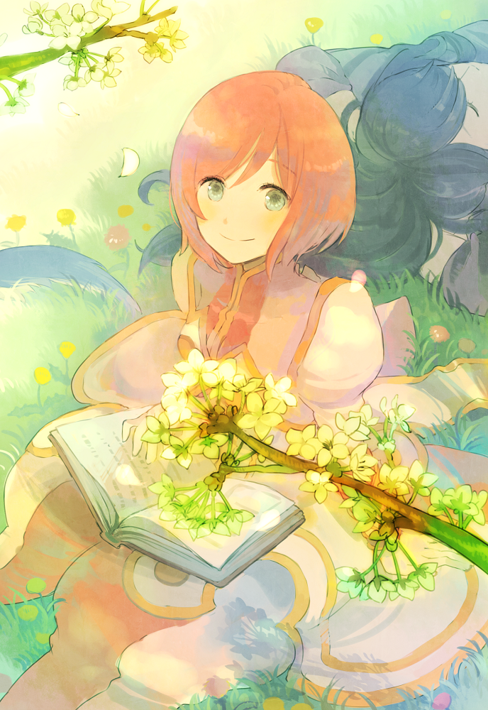 1boy, 1girl, black_hair, book, closed_eyes, estellise_sidos_heurassein, flower, green_eyes, long_hair, looking_at_viewer, nbkc, pink_hair, short_hair, tales_of_(series), tales_of_vesperia, yuri_lowell