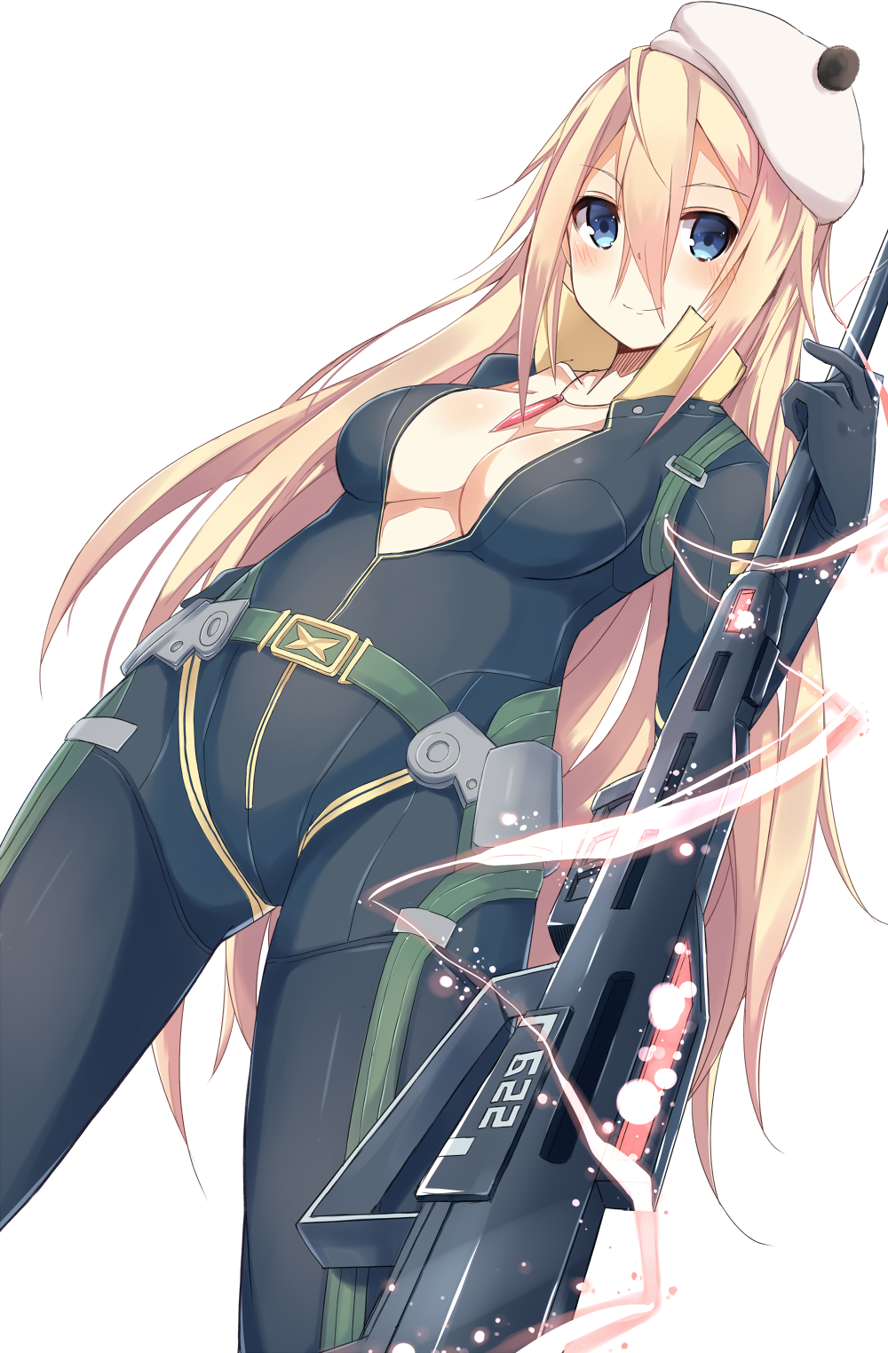 1girl, bad_id, bad_pixiv_id, beret, blonde_hair, blue_eyes, blush, bodysuit, breasts, cleavage, collarbone, cosplay, gun, hat, highres, jewelry, kurebayashi_noe, long_hair, looking_at_viewer, medium_breasts, necklace, no_bra, open_clothes, open_shirt, original, phantasy_star, phantasy_star_online_2, shirt, solo, uchuu_senkan_yamato, uchuu_senkan_yamato_2199, underboob, weapon, yamamoto_akira, yamamoto_akira_(cosplay)