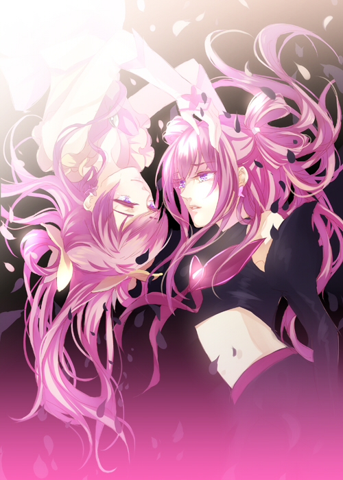 2girls, arm_warmers, bare_shoulders, butterfly_hair_ornament, cure_dream, dark_cure_(yes!_precure_5), dark_dream, earrings