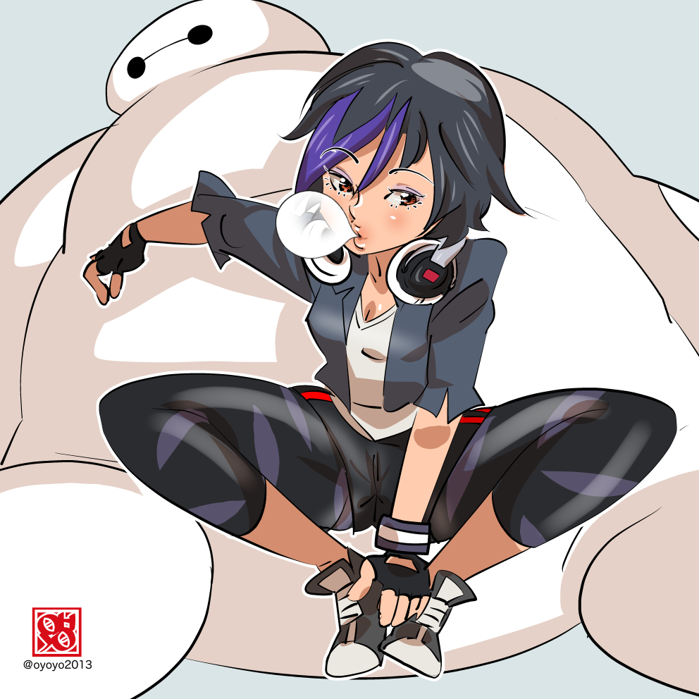 1girl, baymax, big_hero_6, black_hair, breasts, brown_eyes, bubble_blowing, bubblegum