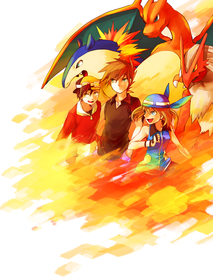 1girl, 2boys, bandana, baseball_cap, black_hair, blaziken, blue_eyes, brown_hair, charizard, dada_(dolce), dragon, fang, fire, goggles, gold_(pokemon), green_eyes, hat, multiple_boys, odamaki_sapphire, ookido_green, pokemon, pokemon_(creature), pokemon_special, typhlosion, yellow_eyes