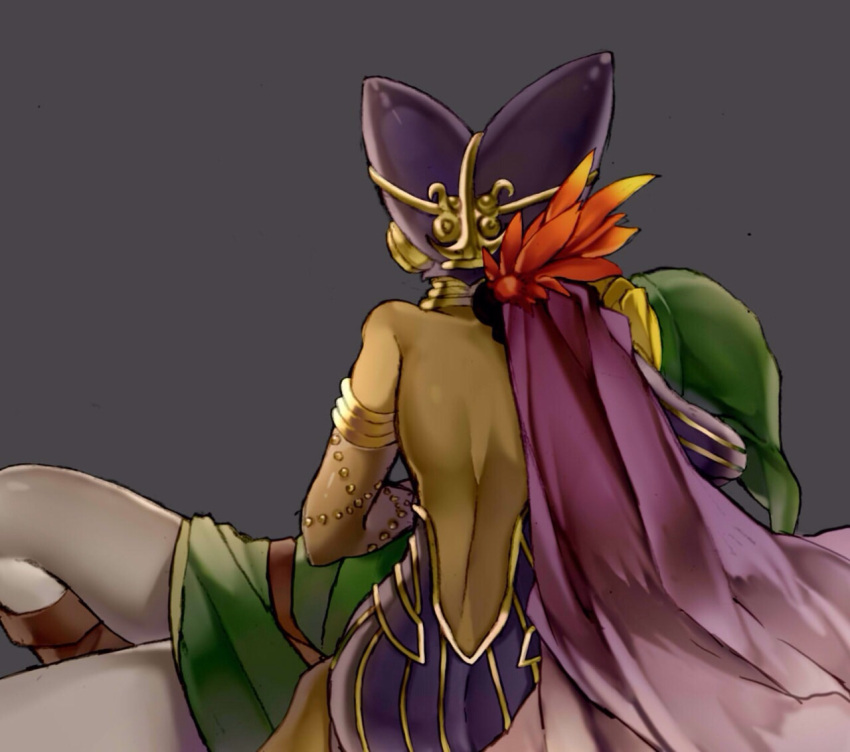 1boy, 1girl, armlet, asymmetrical_clothes, back, backless, bare_shoulders, cape