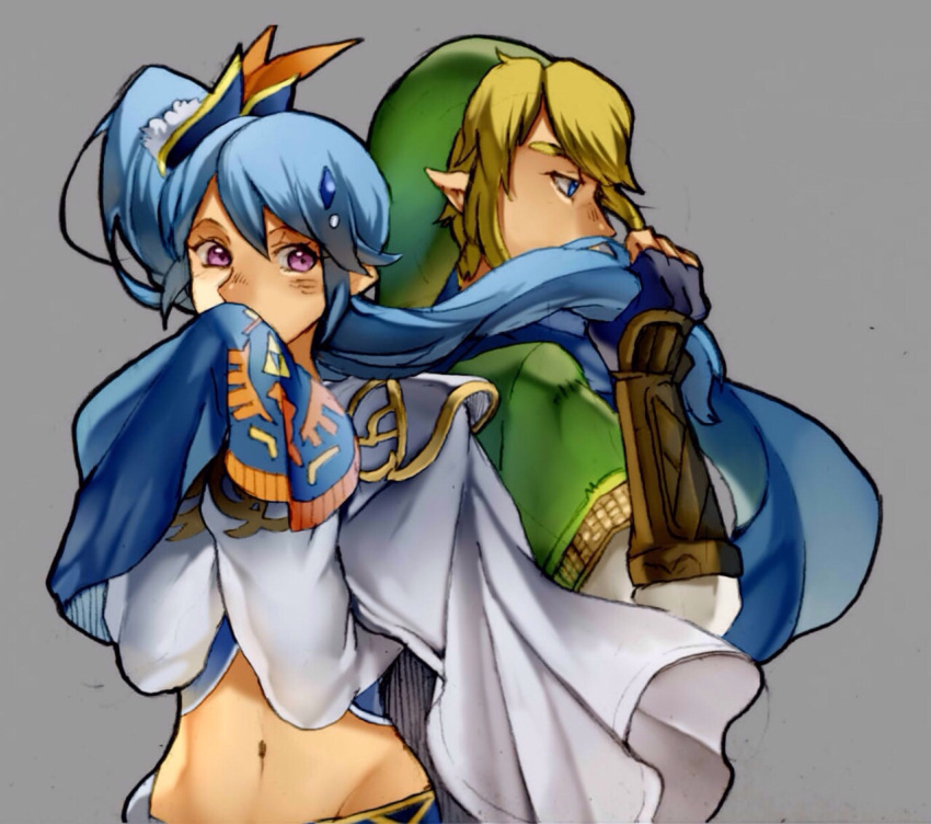 1boy, 1girl, back-to-back, blonde_hair, blue_eyes, blush, fingerless_gloves, gloves