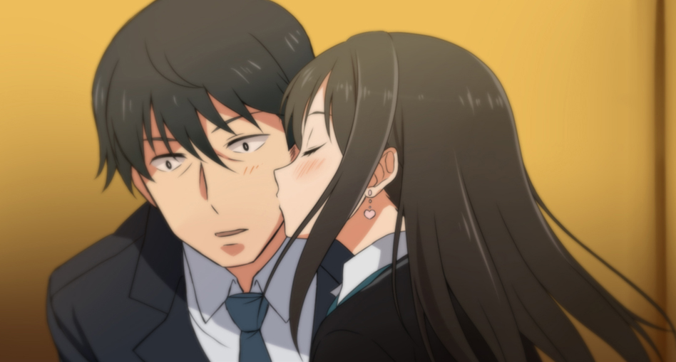 1boy, 1girl, black_hair, blush, cheek_kiss, closed_eyes, earrings, formal
