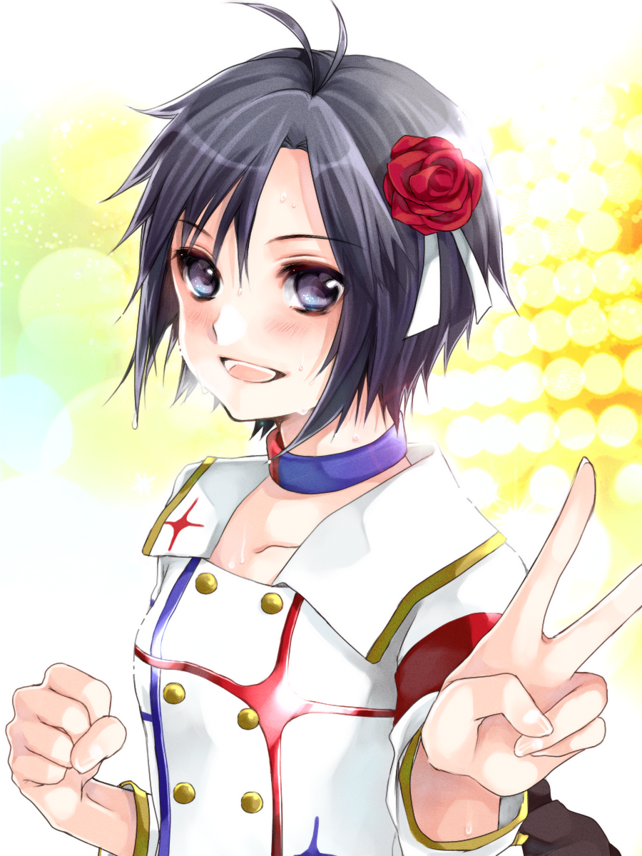 1girl, :d, antenna_hair, black_hair, blue_eyes, choker, collarbone, flower