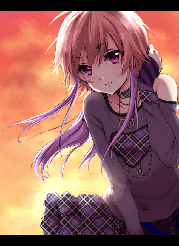 1girl, brown_hair, casual, choker, collarbone, idolmaster, idolmaster_cinderella_girls, jewelry, karasumakarma1225, looking_at_viewer, multicolored_hair, necklace, ninomiya_asuka, off_shoulder, plaid, plaid_skirt, purple_hair, skirt, smile, solo, sunset, violet_eyes