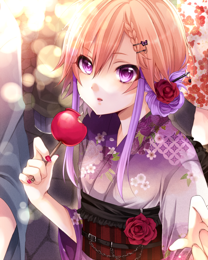 1girl, braid, brown_hair, candy_apple, flower, hair_flower, hair_ornament, hairclip