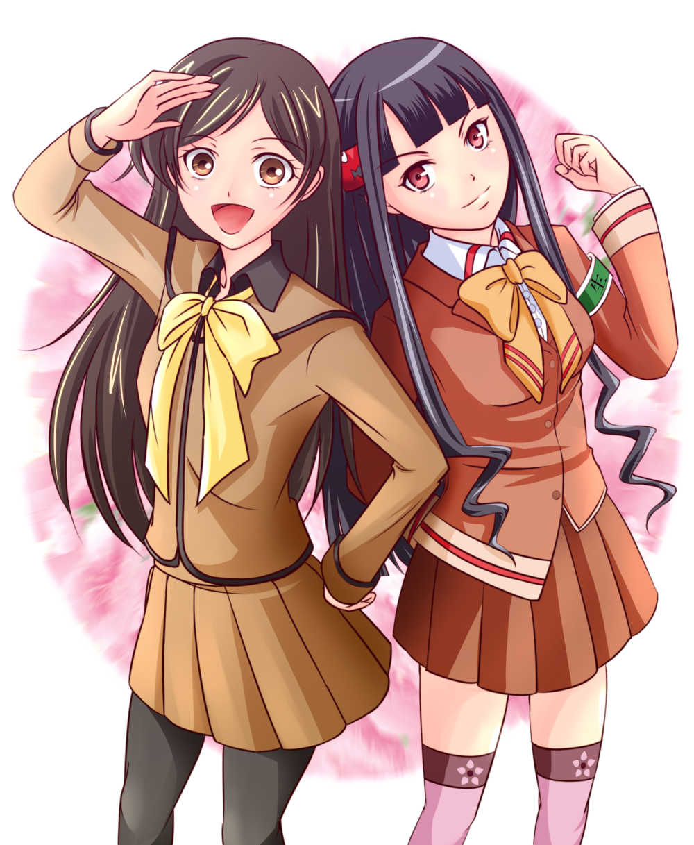 2girls, aoki_hagane_no_arpeggio, ashigara_(aoki_hagane_no_arpeggio), black_hair, brown_eyes, crossover, highres, kamisama_hajimemashita