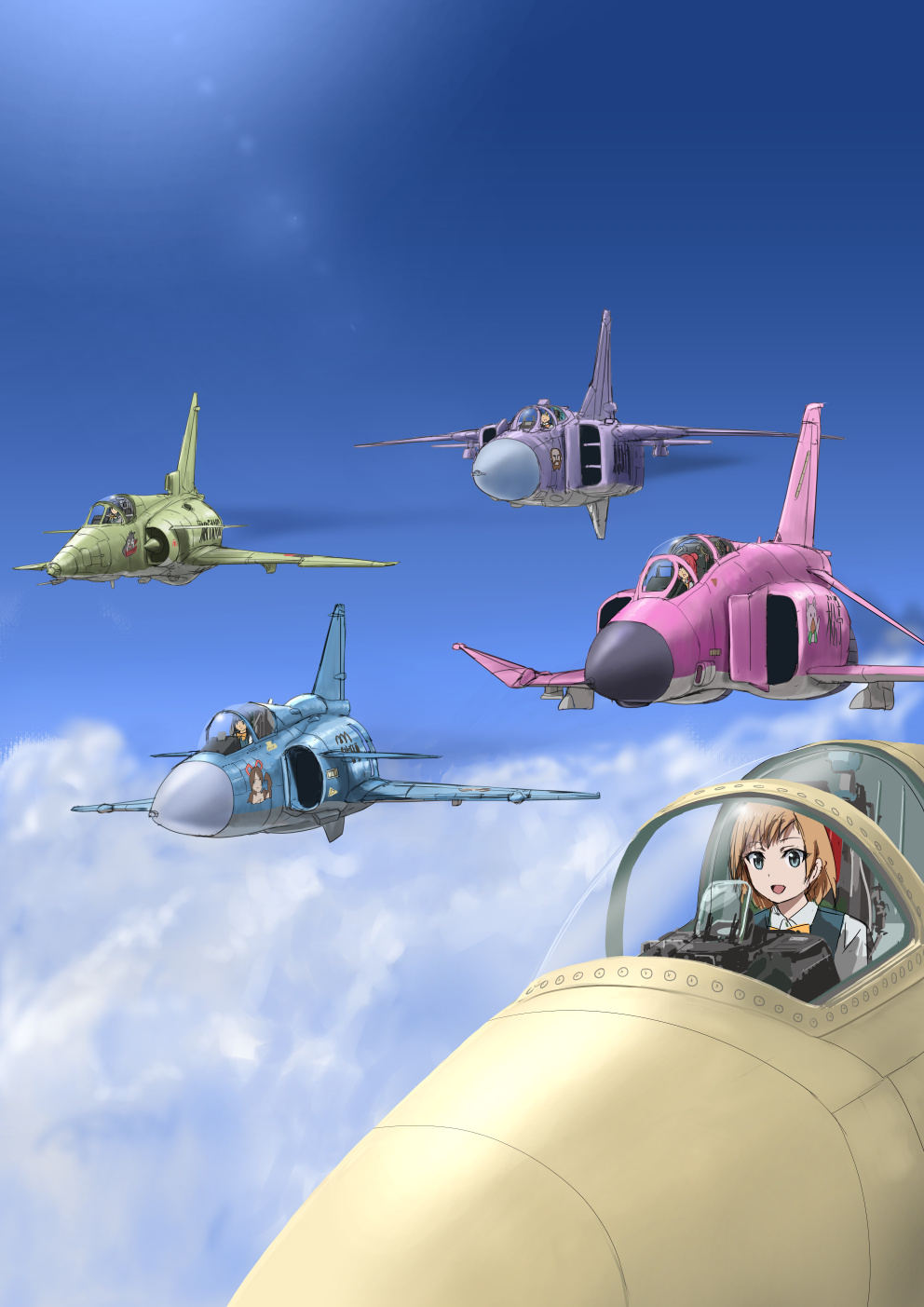 airplane, clouds, f-4_phantom_ii, heads-up_display, highres, iai_kfir, imai_midori, lens_flare, mig-23, military, miyamori_aoi, nose_art, saab_viggen, sakaki_shizuka, scamp_(scamp_f16), shirobako, sky, t-2, toudou_misa, yasuhara_ema