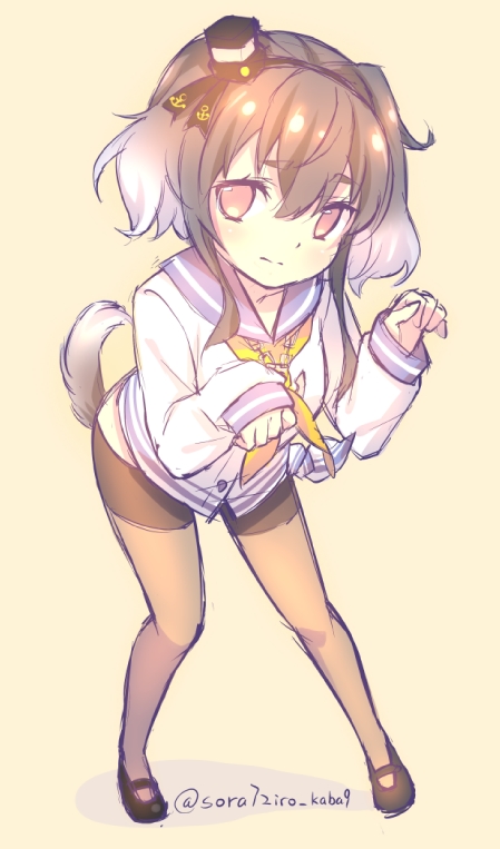 1girl, anchor_symbol, animal_pose, black_hair, dog_tail, hair_ribbon, kantai_collection, long_sleeves