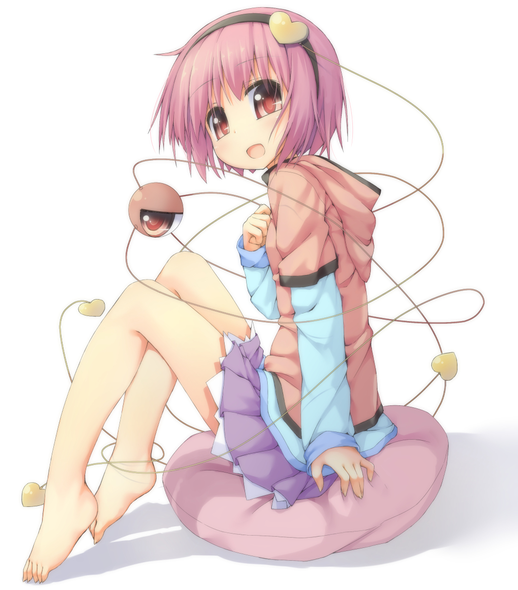 1girl, akirame, alternate_costume, barefoot, casual, eyeball, hairband, heart