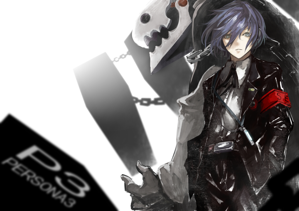 1boy, arisato_minato, armband, belt, blazer, blue_eyes, blue_hair, copyright_name, dress_shirt, hands_in_pockets, konosaki_usetsu, looking_at_viewer, persona, persona_3, shirt, solo, thanatos, yuuki_makoto