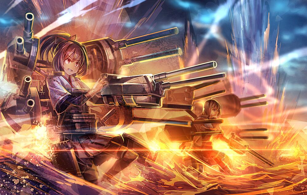 2girls, aiming, battle, brown_eyes, brown_hair, brown_skirt, high_ponytail, hyuuga_(kantai_collection)