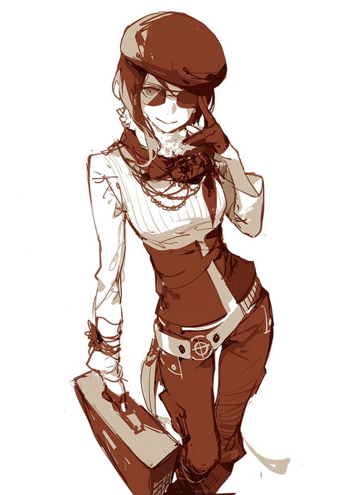 1girl, adjusting_glasses, asukaziye, breasts, briefcase, coco_(rwby), glasses, gloves, hat, holding, long_sleeves, looking_at_viewer, pants, rwby, simple_background, sketch, smile, solo, sunglasses