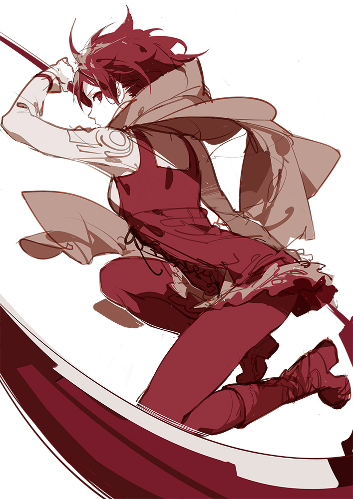 1girl, asukaziye, boots, cape, red_eyes, red_legwear, redhead, rooster_teeth, ruby_rose, rwby, scarf, scythe, short_hair, side_glance, sketch, solo