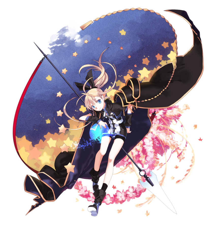 1girl, blonde_hair, blue_eyes, boots, cape, detached_sleeves, flower, hair_ribbon