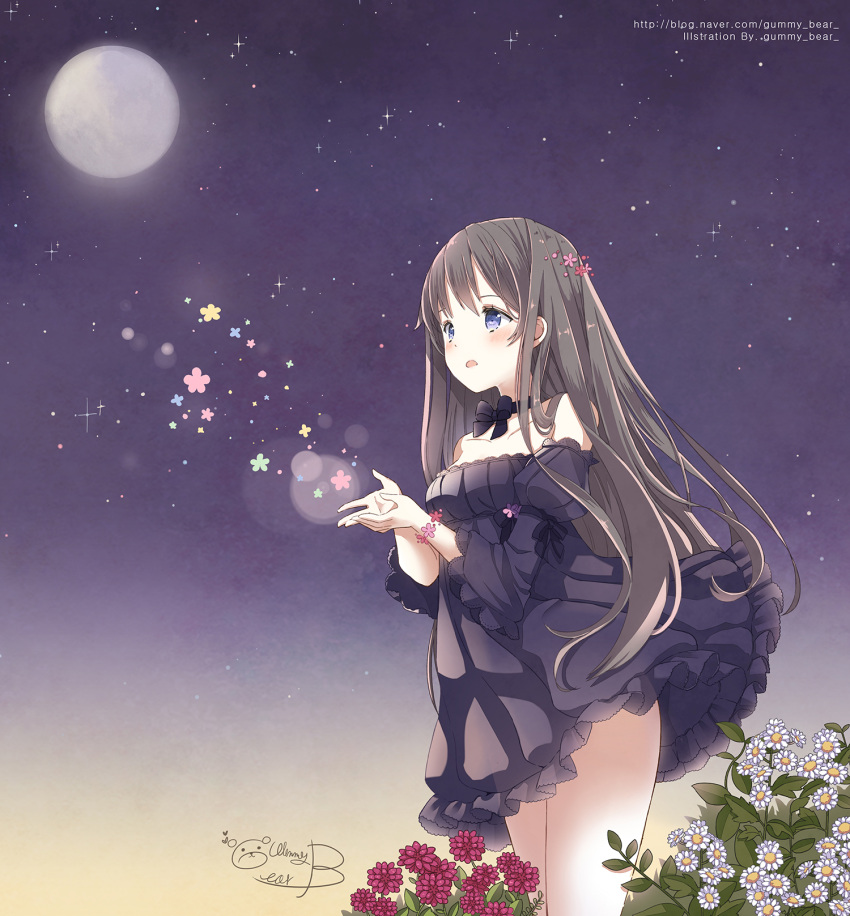 1girl, bare_shoulders, blue_eyes, blush, brown_hair, dress, flower, highres