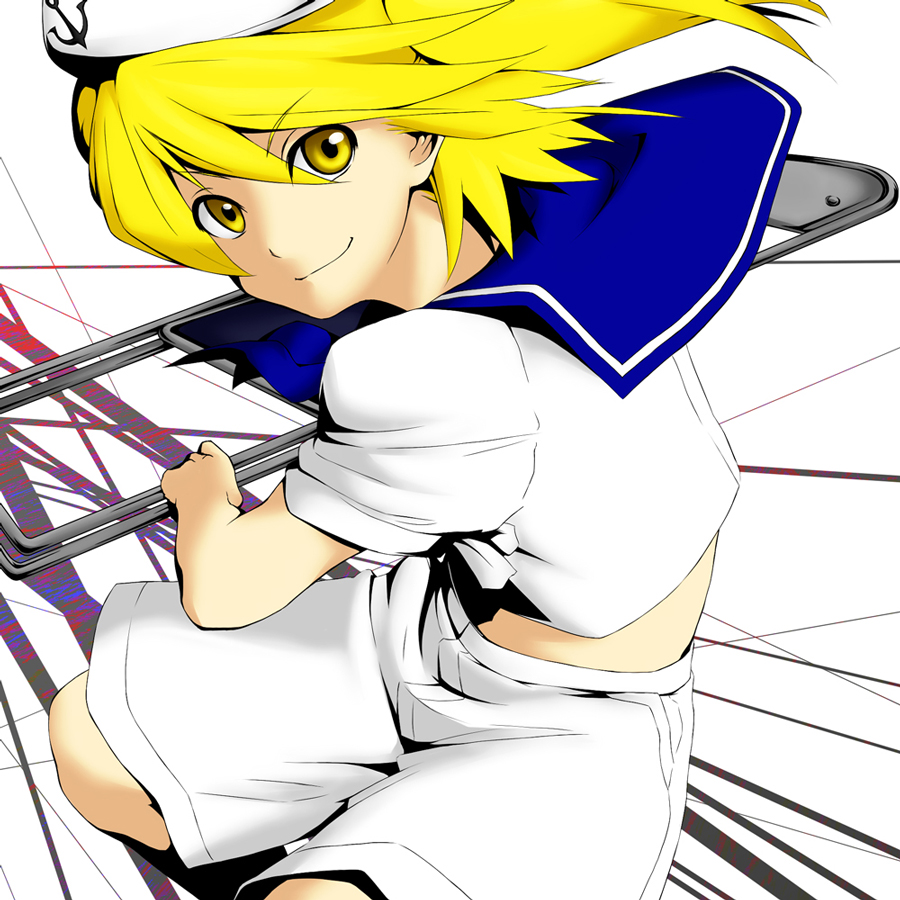blonde_hair, chair, folding_chair, hat, kitashirakawa_chiyuri, midriff, sailor, sailor_collar