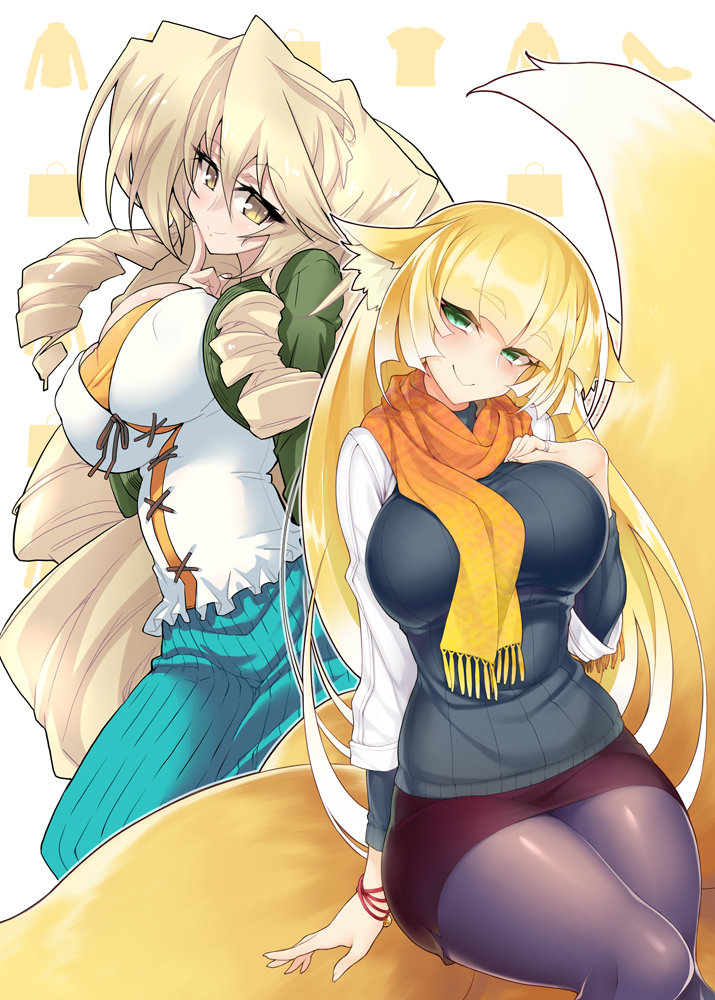2girls, animal_ears, black_legwear, blonde_hair, breasts, casual, collaboration, contemporary, fox_ears, fox_tail, green_eyes, kyoukaisenjou_no_horizon, large_breasts, long_hair, mogami_yoshiaki_(horizon), multiple_girls, pantyhose, scarf, tail, tsurugi_yasuyuki, turenne, very_long_hair, yellow_eyes, yuu_(amadoki)