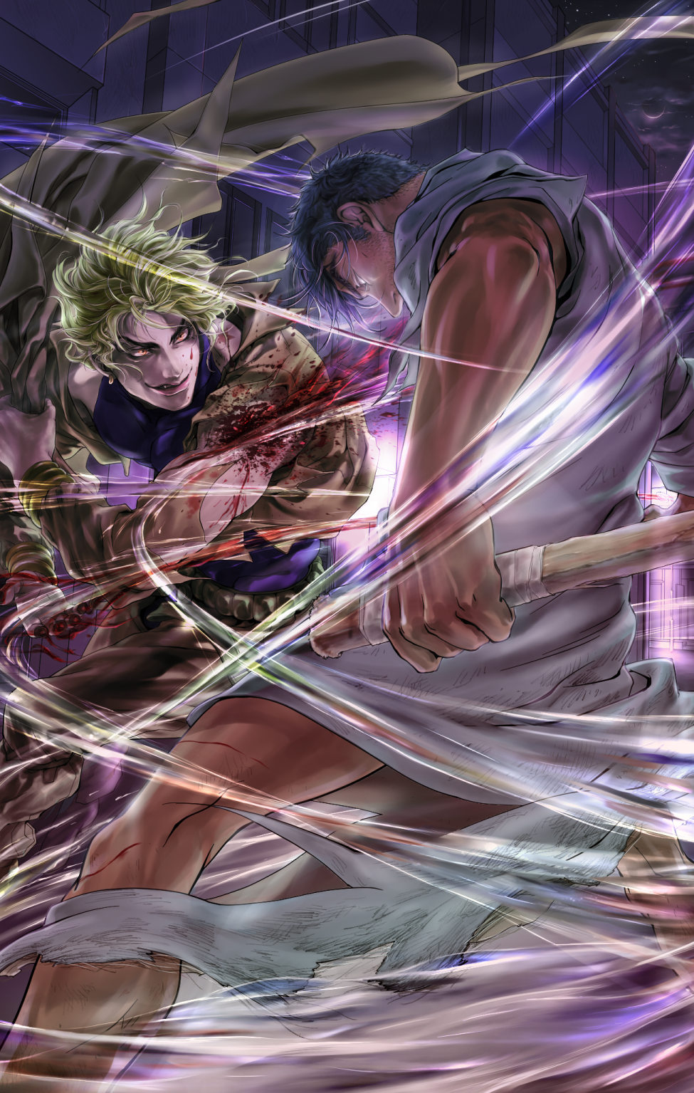2boys, blonde_hair, blood, blue_hair, dio_brando, fighting, geb_(stand), highres