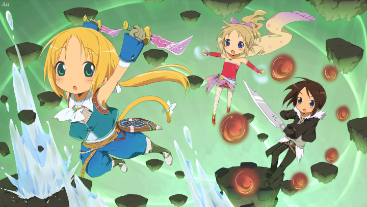 belt, blonde_hair, blue_eyes, bow, brown_hair, cape, crossover, dagger