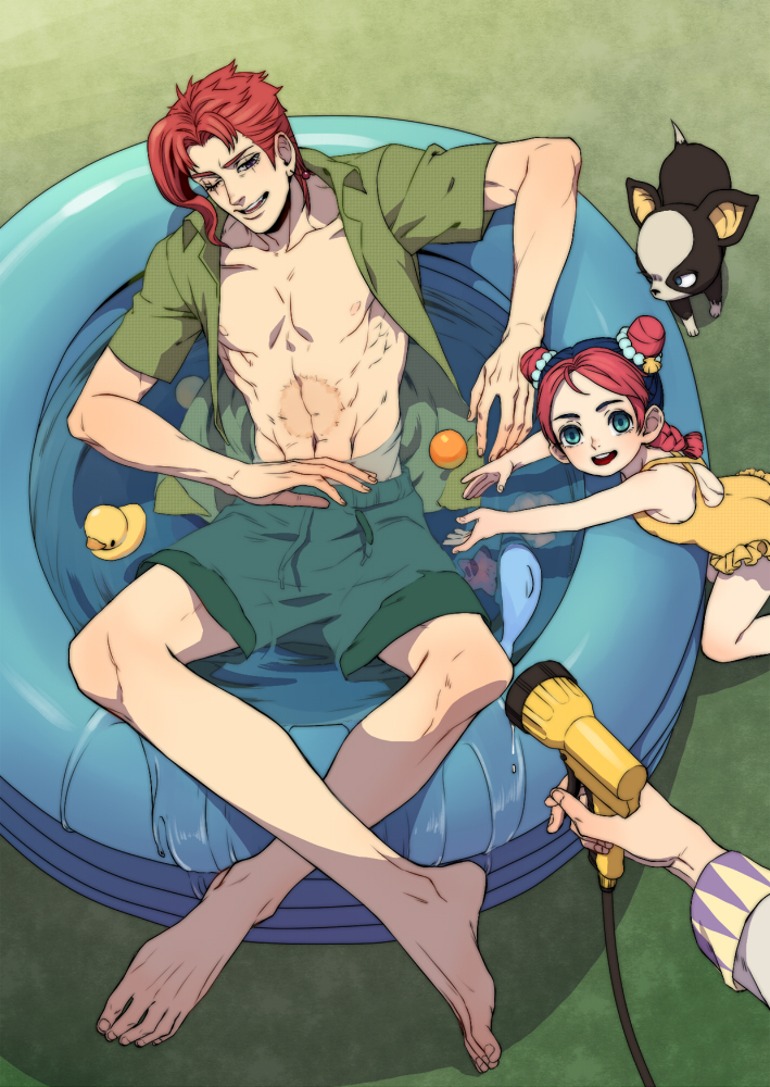 1boy, 1girl, banysun, blue_eyes, blue_hair, dog, dolphin, double_bun