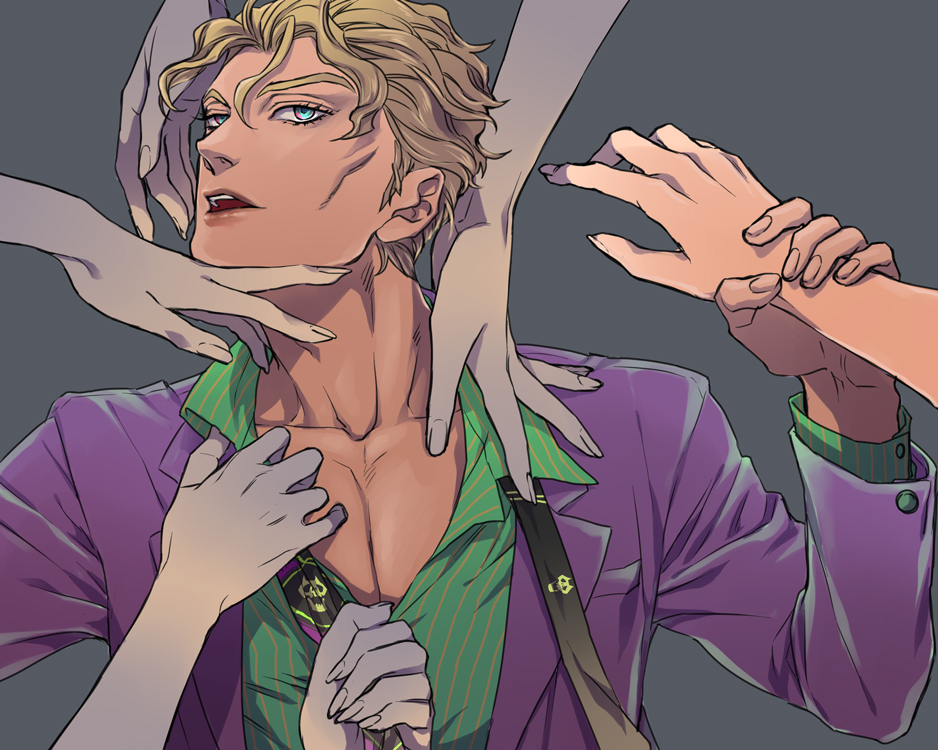 1boy, blonde_hair, blue_eyes, formal, hands, jojo_no_kimyou_na_bouken, kira_yoshikage, necktie, sanako_(tsubakiiro), solo_focus, suit