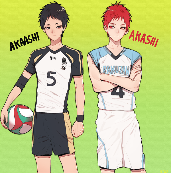 2boys, akaashi_keiji, akashi_seijuurou, basketball_uniform, black_eyes, black_hair, crossover, haikyuu!!