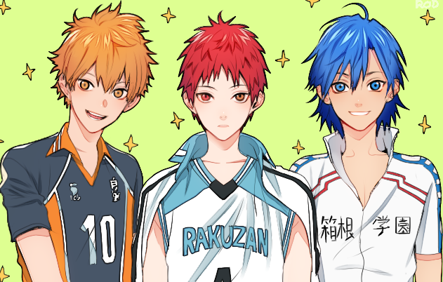 3boys, akashi_seijuurou, blue_eyes, blue_hair, brown_eyes, brown_hair, crossover, haikyuu!!, hinata_shouyou, kuroko_no_basuke, manami_sangaku, multiple_boys, multiple_crossover, orange_eyes, orange_hair, rod_(rod4817), sparkle, uniform, yowamushi_pedal