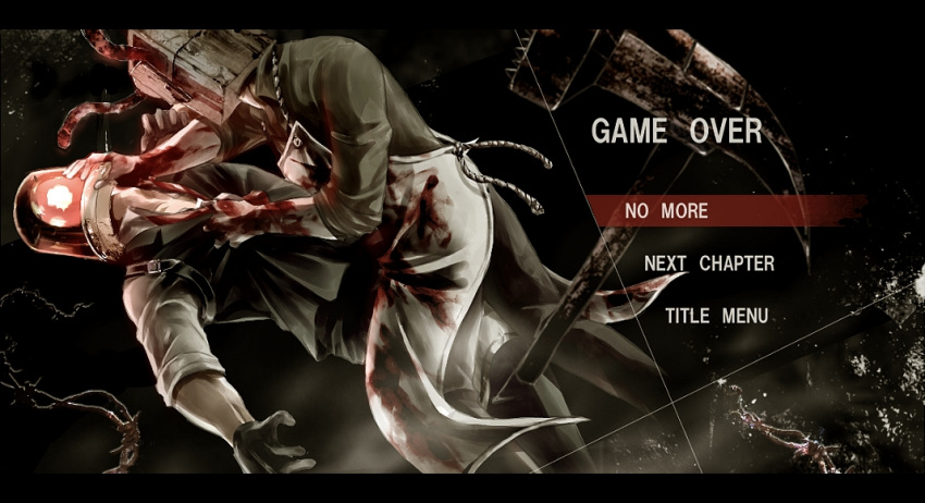 2boys, blood, fake_screenshot, fusion, game_over, hammer, joseph_oda, lxlove, movie_thief, multiple_boys, no_more_eiga_dorobou, parody, patlite, tentacles, the_evil_within, the_keeper