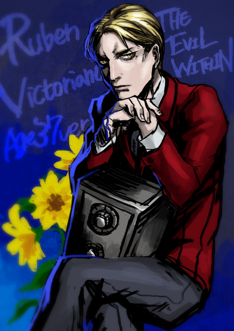 1boy, blonde_hair, flower, kizdollark, ruvik, safe, sitting, solo