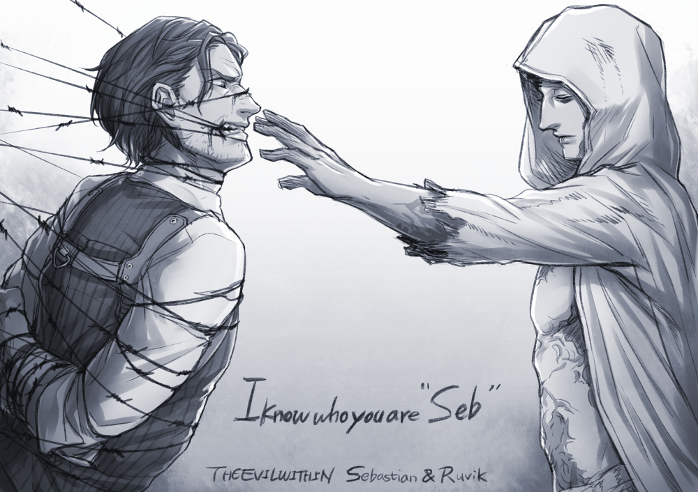 2boys, barbed_wire, hood, kizdollark, multiple_boys, outstretched_hand, ruvik, scar
