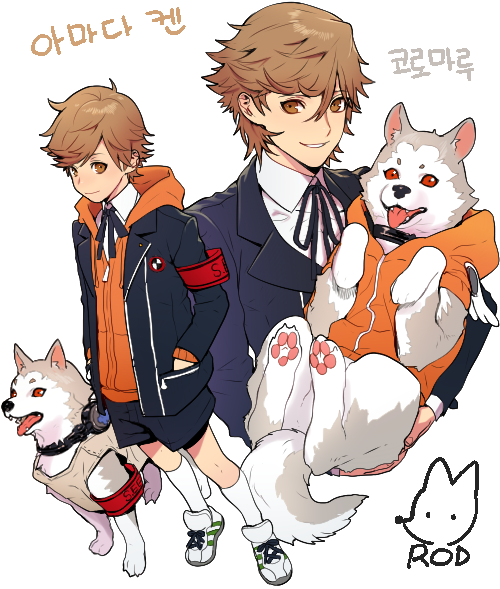 2boys, amada_ken, brown_eyes, brown_hair, collar, dog, dual_persona, koromaru